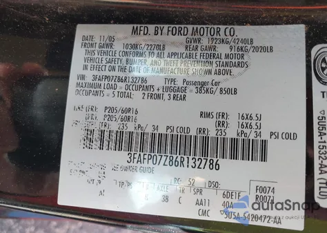 2006 Ford Fusion Se из США, поврежденный, VIN 3FAFP07Z86R132786